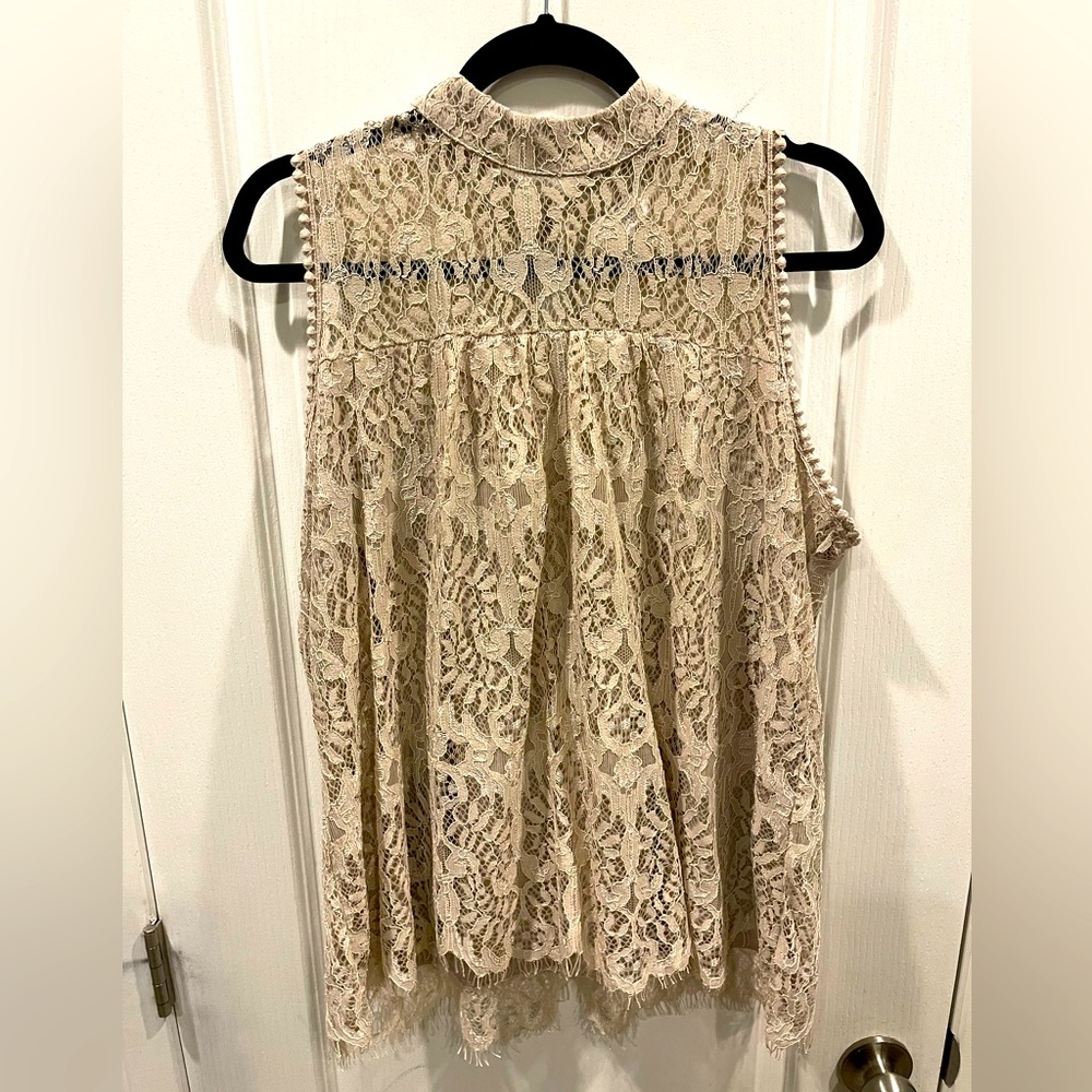 Plus Sheer Lace High Neck Top - Cream XL